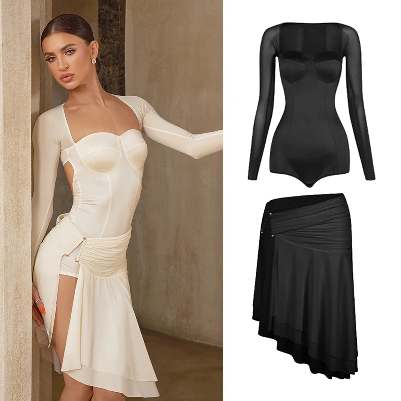 

2025 Latin Dance Clothes Women ZYM Latin Tops Slit Skirt Long Sleeves Practice Clothing Rumba Ballroom Dance Costume DNV24656