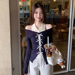 Pure Desire Style Spicy Girl Color Contrasting Long Sleeve Knitted Shirt Women's New Design Sense Butterfly Bow Fake Two Piece