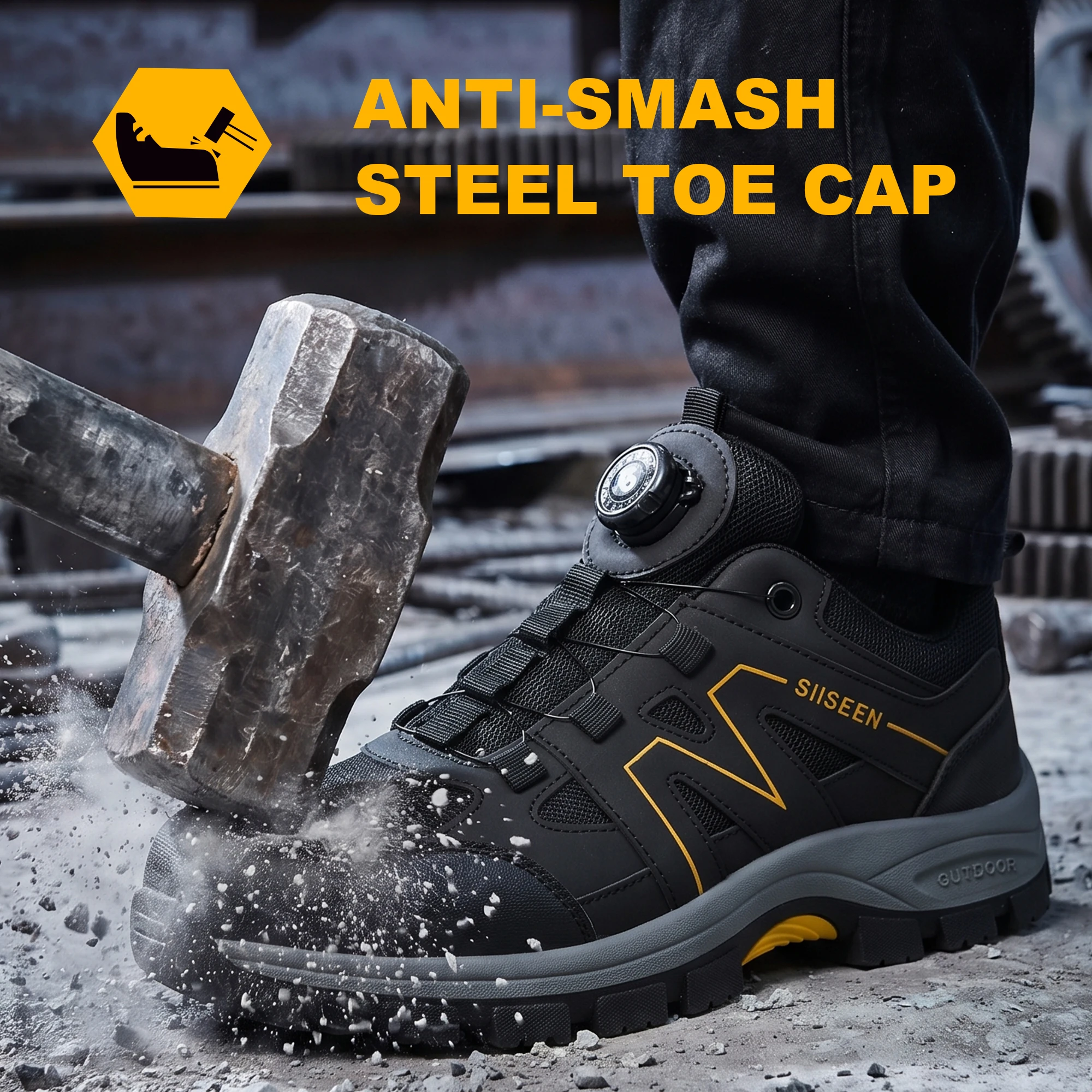 Men's Lightweight Safety Footwear Breathable Impact-Puncture Resistant Shoes Durable Button Closure Comfortable Work Shoes