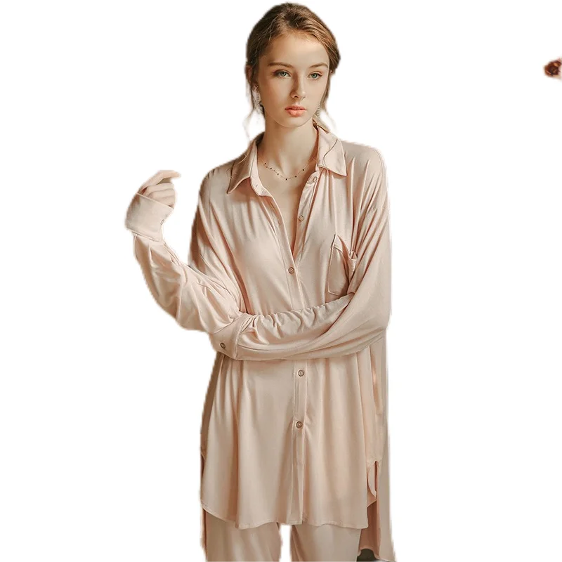 SXTHAENOO Spring Pajamas Lady Sweet Turn-down Collar Shirt Cardigan Loose Nightwear Simple Leisure Style Long-sleeved Loungewear