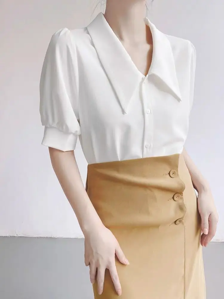 Women Short Sleeve Commuter Shirt 2024 Summer French Pointed Collar Professional Shirts Solid Female Blouses Office Lady Tops