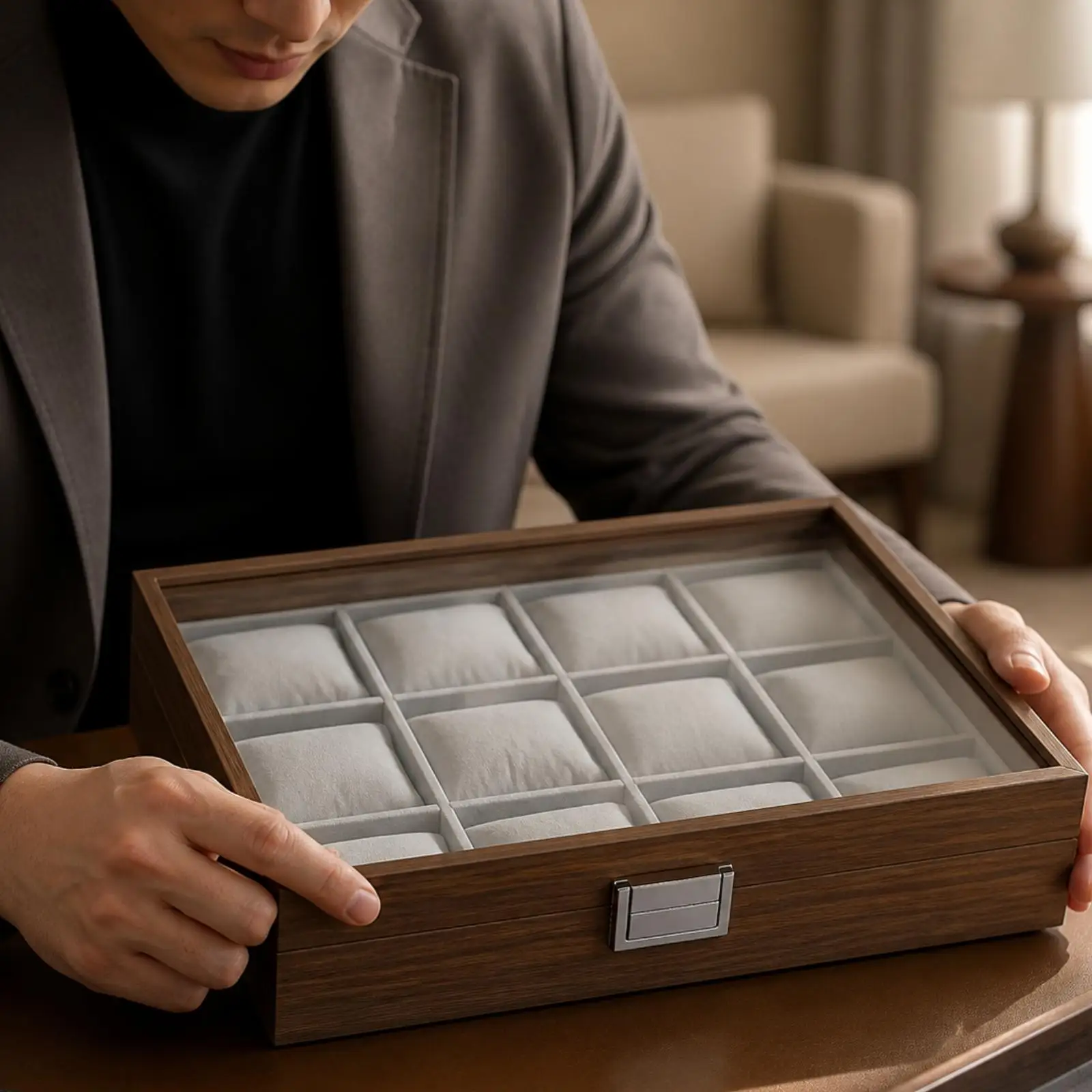 Walnut Wood Watch Case Organizer 12 Compartment Transparent Top Storage Box for Luxury Wristwatch Display and Safe Keeping
