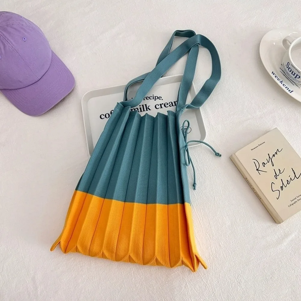 

Сумка-шоппер вязаная складная, на плечо, экологичная, контрастных цветов, большая вместимость, плиссированная