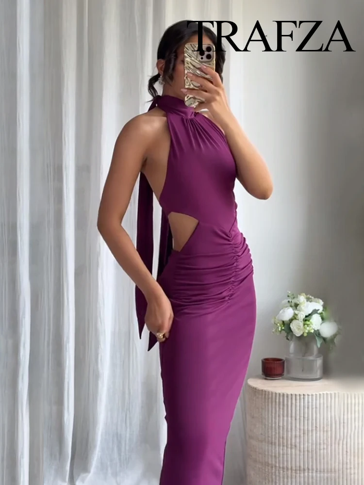 

HH Elegant Woman Pleated Bow Decoration Neck Halter Purple Midi Dresses Fashion Women Crop Sleeveless Backless Sexy Dress