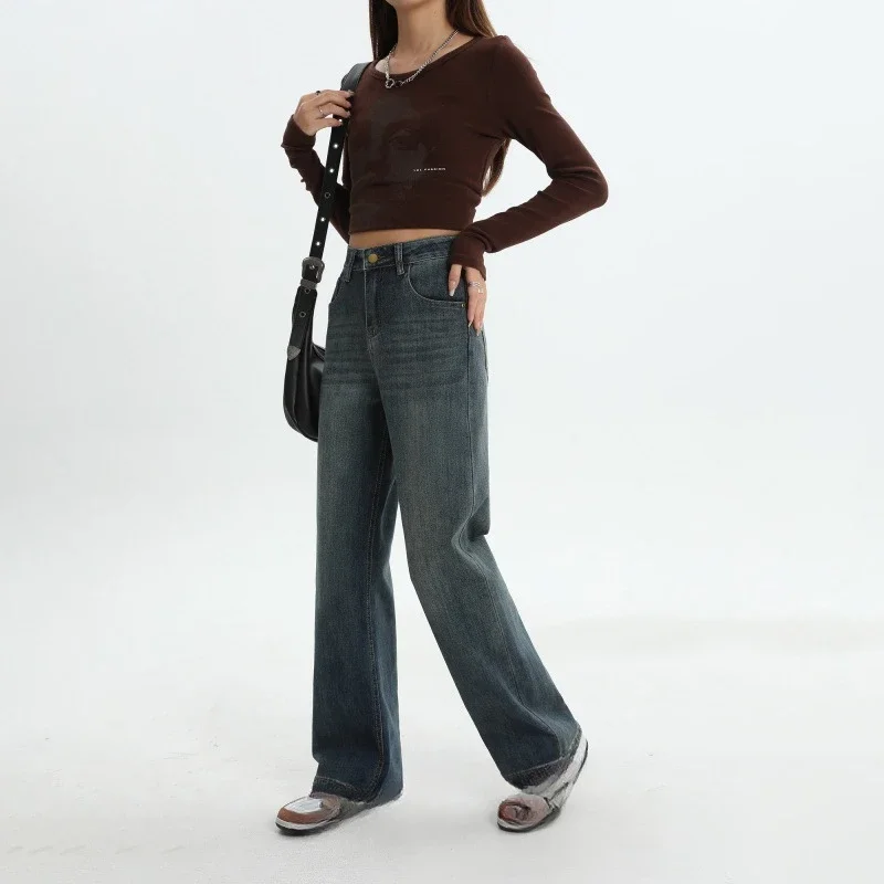 Amerikaanse Retro Wijde Spijkerbroek Dames Lente Mode Rechte Pijpen Hoge Taille En Vloer Broek Losse Effen Kleur Jeans