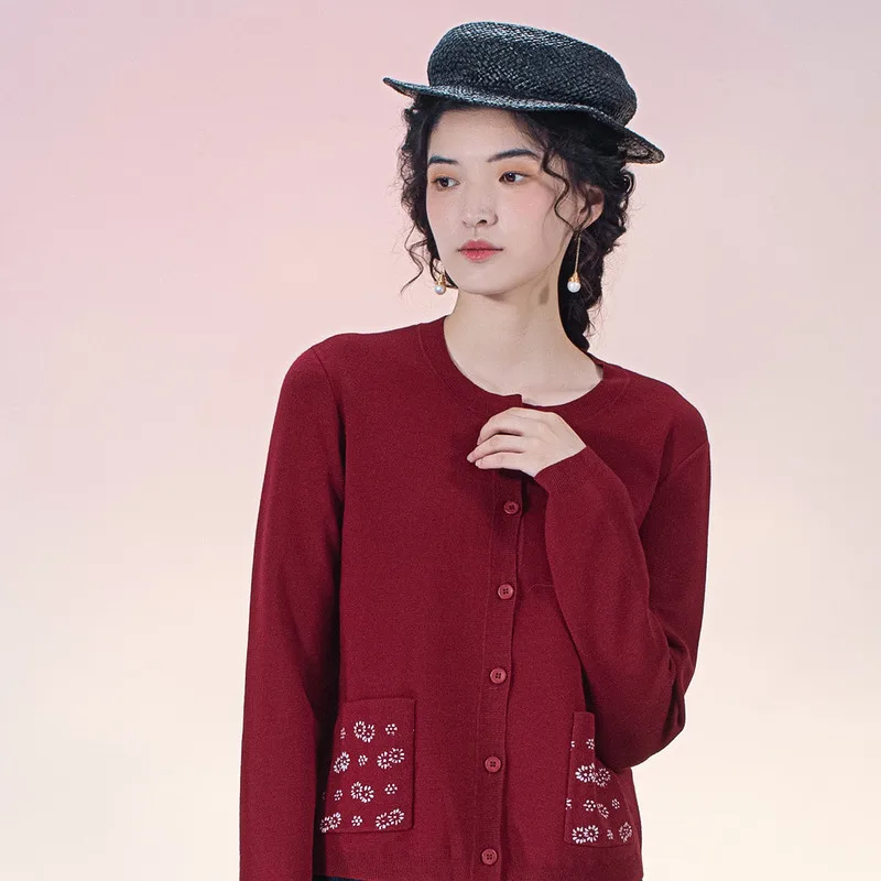 

A Life On The Left Women Knitted Cardigan Long Sleeve Round Neck Slim Sweater Original Sheep Wool Vintage Print Warm Coat Tops