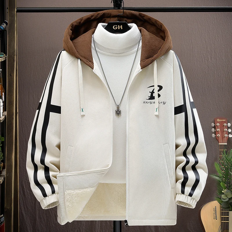 

Мужская утепленная куртка с капюшоном на флисовой подкладке, осенне-зимнее повседневное свободное хлопковое пальто из полиэстера для молодежи