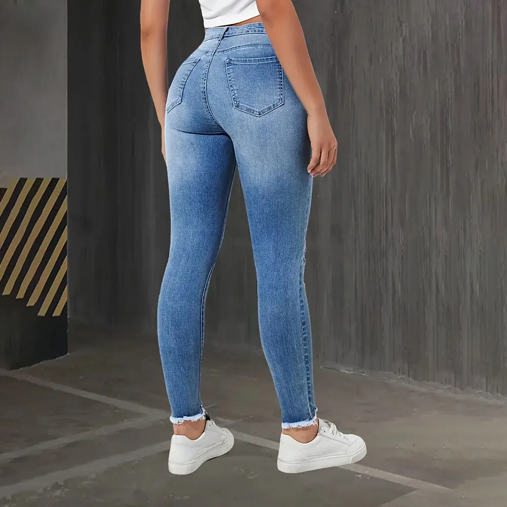 موضة نحيل هول الجينز النساء 2025 الخريف بسط عالية الخصر ممزق سليم الرجعية بلون سراويل جينز السراويل #5