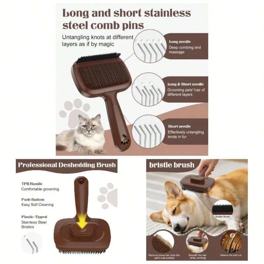 

【New Arrival】Self-Cleaning Pet Slicker Brush, Dual-Layer Steel Pins Grooming Comb for Dogs & Cats, Deshedding & Detangling