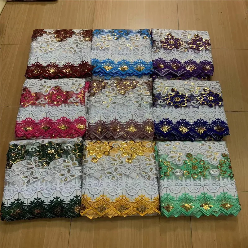 

9 Colors African Guipure Lace Fabric 2023 High Quality Lace Nigerian Cord Lace Fabrics With Sequins For Wedding Sewing