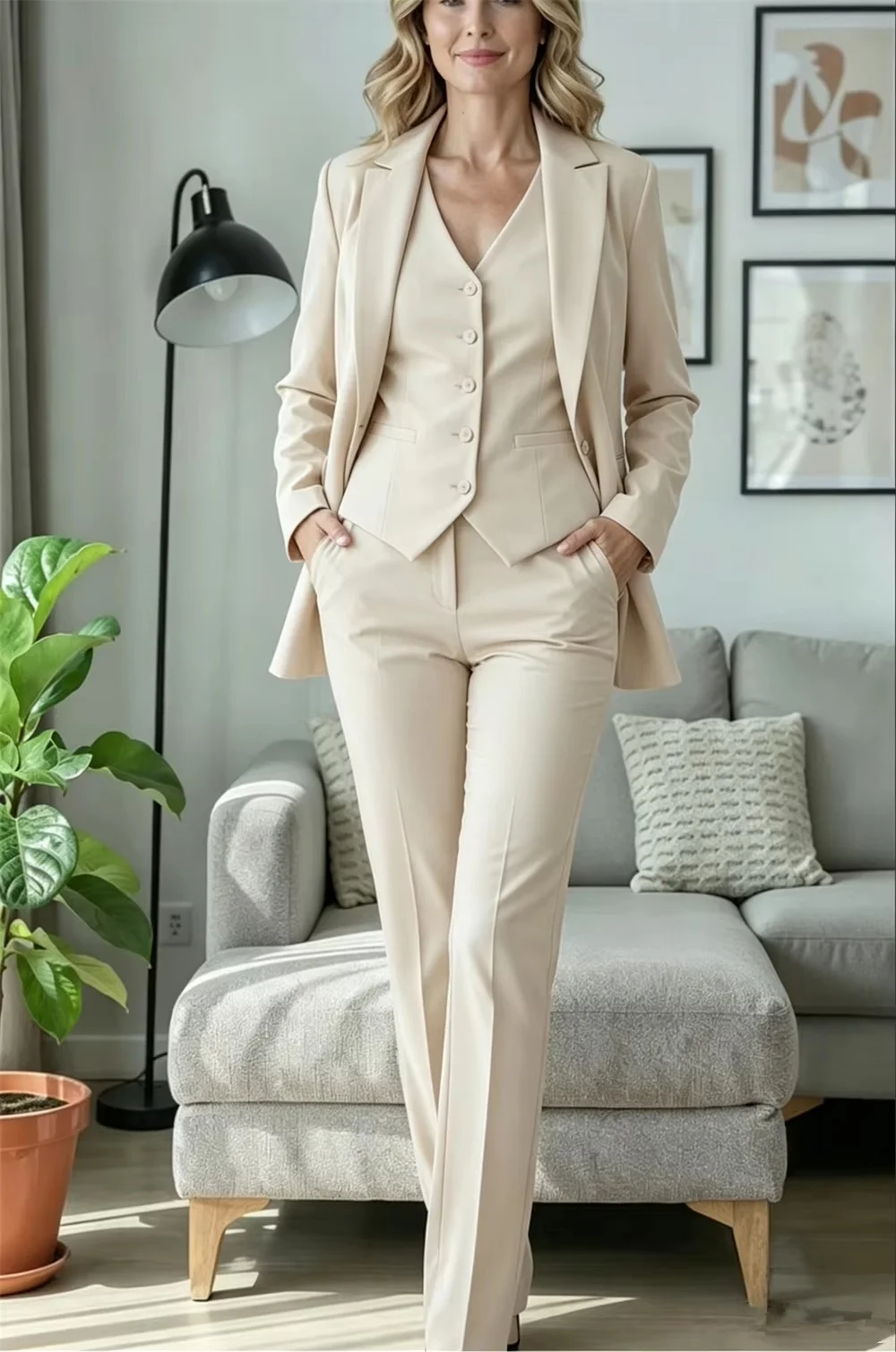 Elegant Pink Women's 3Pcs Suit Set Notched Lapel V Neck Vest Straight Pants Formal Business Office Wedding PartyCustomized