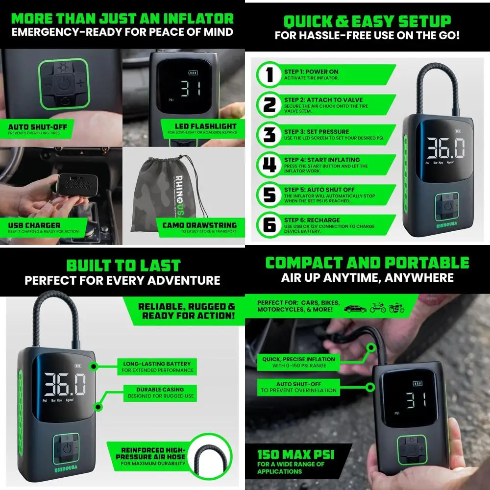 Kompresor Udara Portabel 150 PSI dengan Pengukur Digital - Pompa Mini yang Ditingkatkan untuk Ban Mobil dan Sepeda dengan Layar LCD Hitam & Hijau