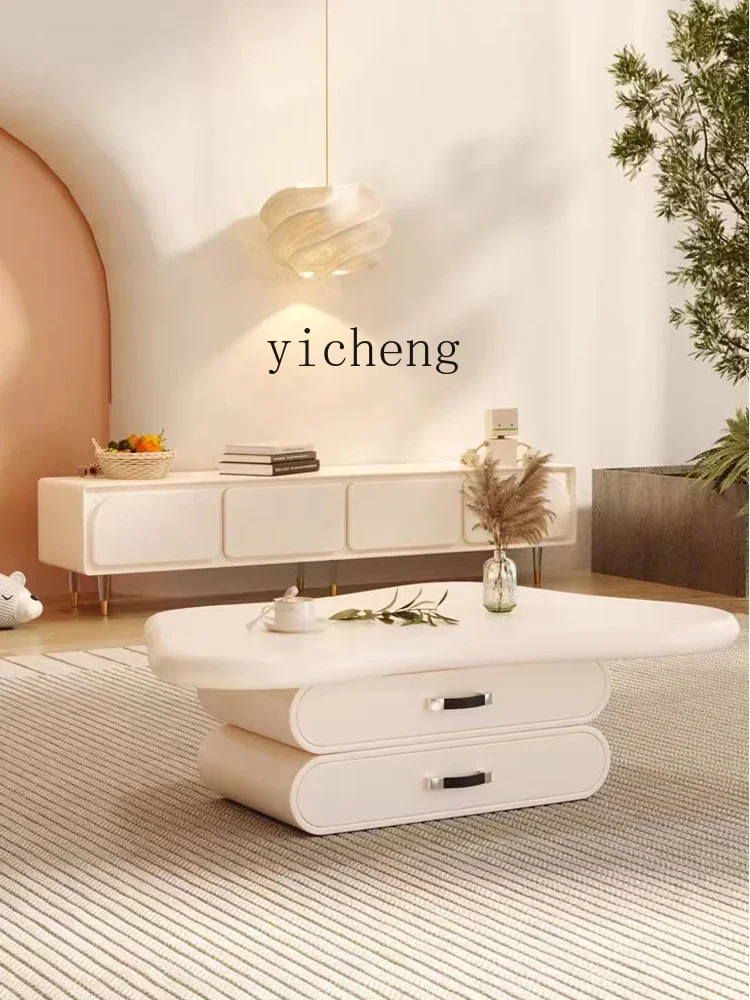 Cloud Tea Table Cream TV Cabinet Unit Living Room Stone Plate Shaped Tea Table with Drawer