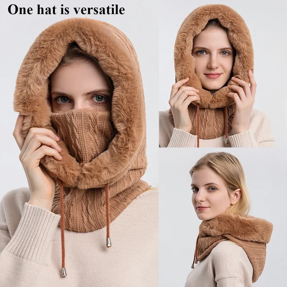الشتاء رقيق قبعة صغيرة الخريف في الهواء الطلق سميكة الفراء مقنعين وشاح يندبروف الدافئة أفخم 3 in1 قبعات محبوكة لركوب الدراجات والتزلج