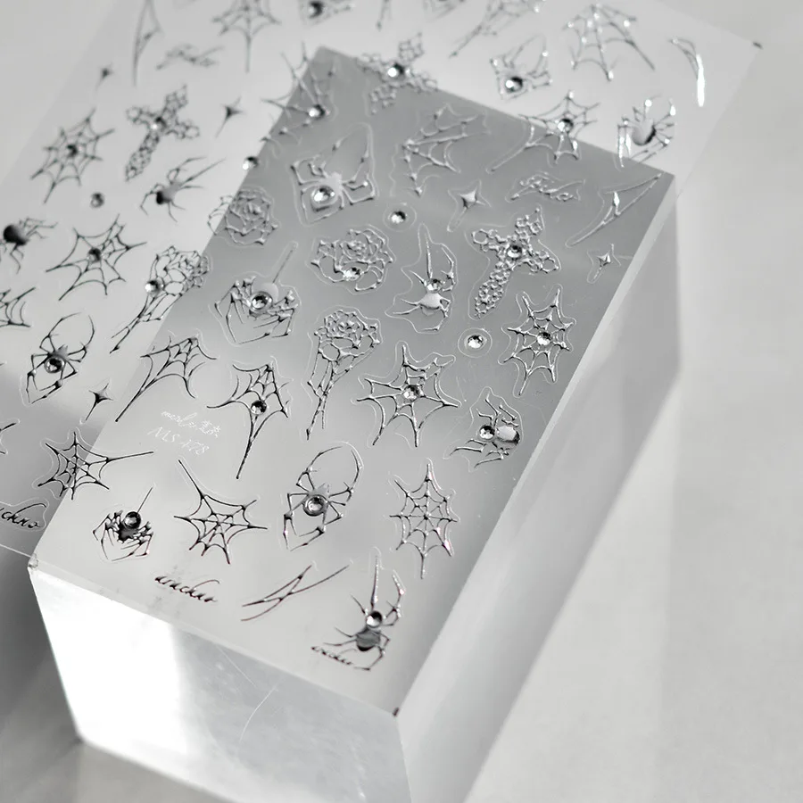 1pcs 5D Rhinestone Spider 3D Nail Art Stickers Cross Web Silver White Black Gothic Rose Adhesive Decals Halloween Nail Supplies