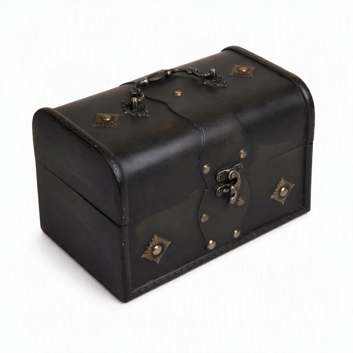Vintage Storage Box Treasure Chest Antique Wood Grain Finish Pirate Style Organizer Metal Rivets Lock Keepsake Jewelry Holder