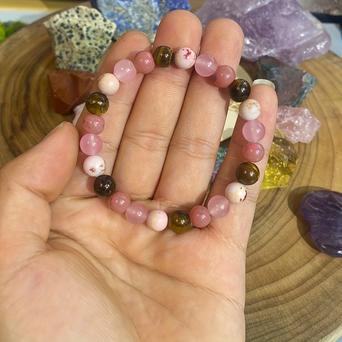 1 natural tiger's eye elastic bracelet with pink beads - elastic and comfortable design, suitable for daily wear and party occasions, Mother's Day gift, accessories for all seasons view 5