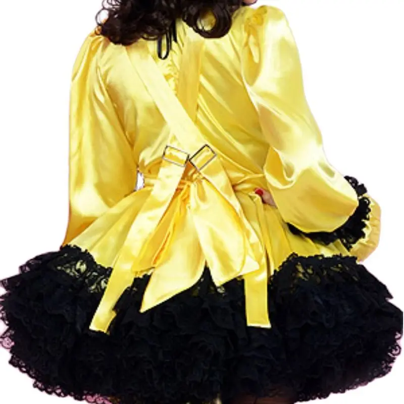 Multicolor Adult Giant Baby Sexy Girl Yellow Satin Dress Black Lace Edge Sissy Role Play Makeup Ball Maid Customizable Lockable