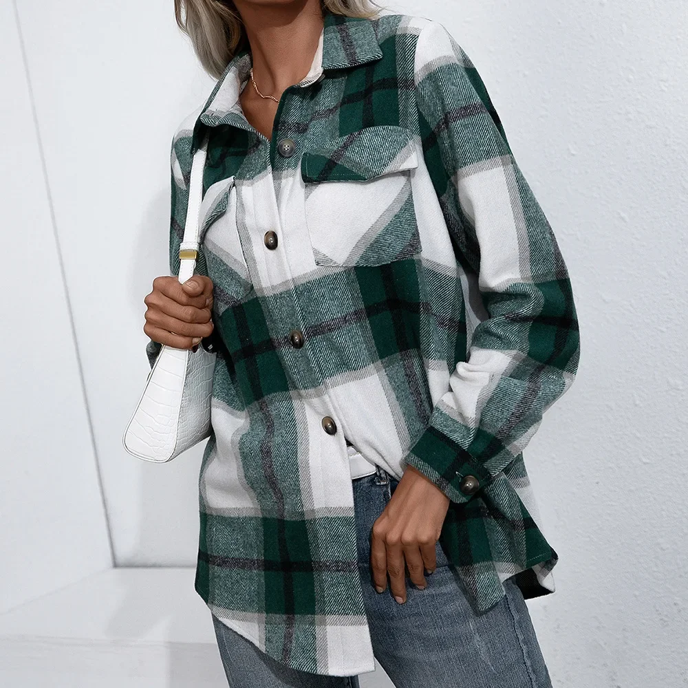 2025 Spring Autumn Women Coats Casual Loose Vingage Long Sleeve Shirts Turn-down Collar Single Breasted Outerwear Plaid Jackets