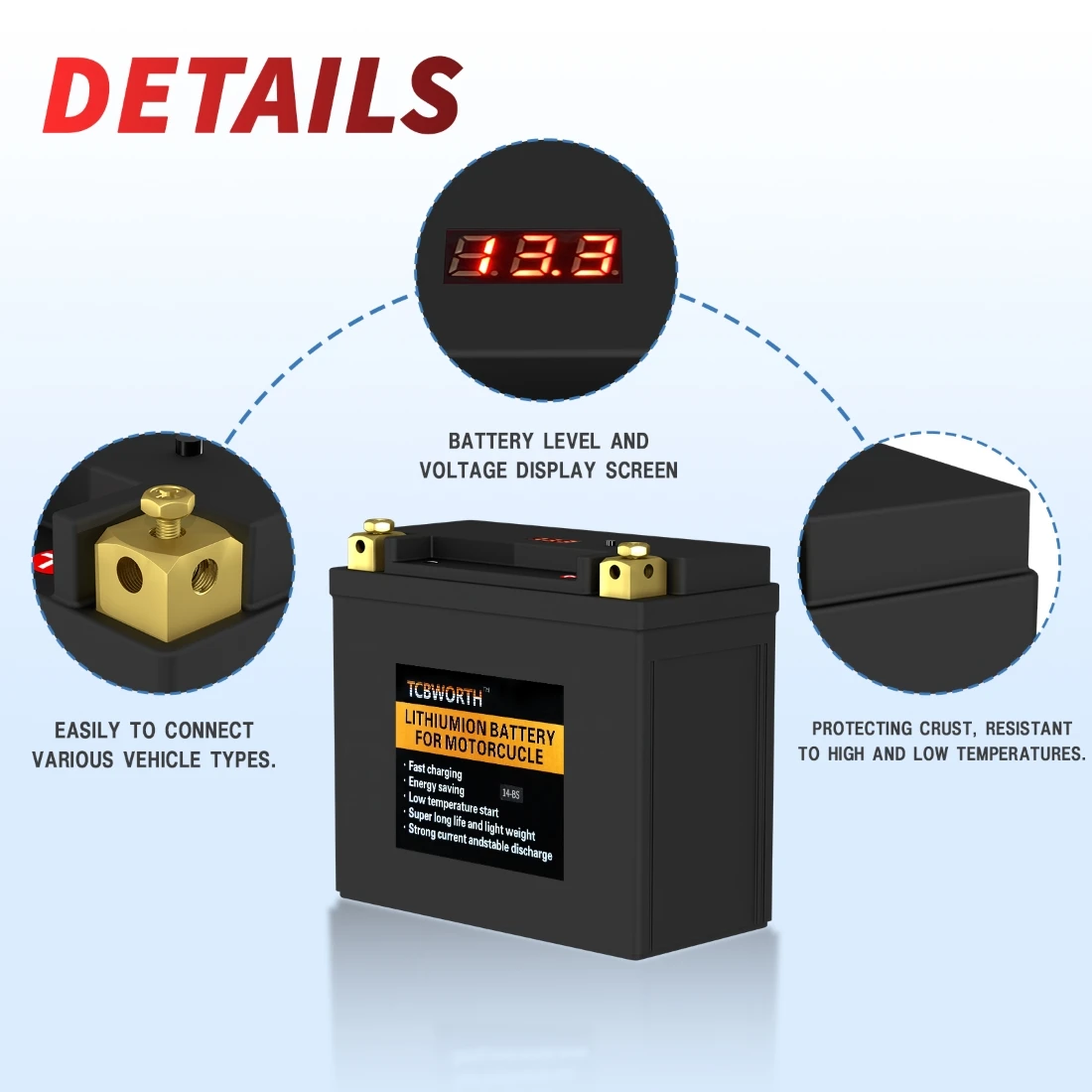 14-BS Lithium-Motorradbatterie 12 V 9 Ah 520 CCA, LiFePO4-Motorstartbatterie, kompatibel mit Traktor, Roller, Generatorbatterie – Detail 7