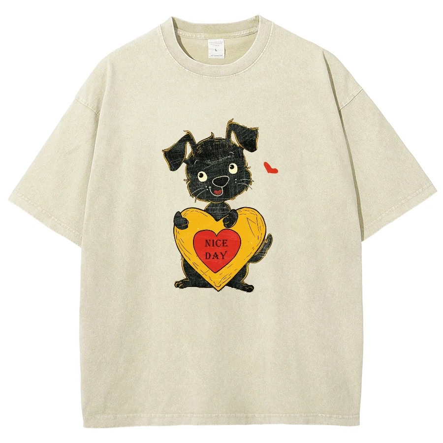 Nice Day Cute Dog Y2K Washed Vintage Casual Oversized T-shirt, Cartoon Unisex Short Sleeves Streetwear Round Neck Top Plus-Size