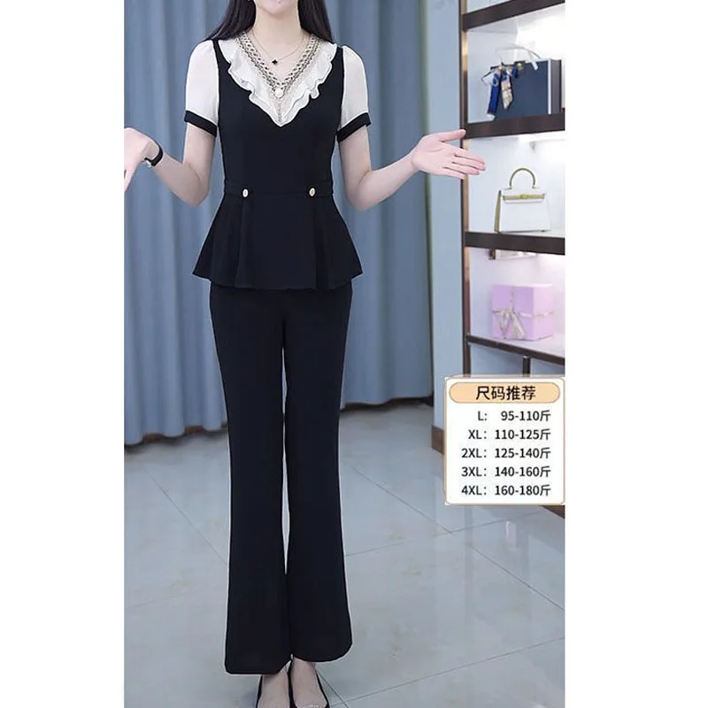 Summer New Simple Fashion Commuter Trousers Black Two Piece Set Elegant Office Lady Ruffles V-Neck Beading Short Sleeve Shirt