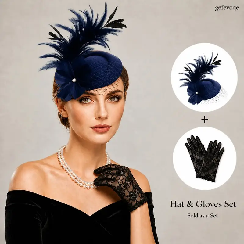 2Pcs Womens Flower Feather Fascinator Hat Lace Gloves Set for Tea Party