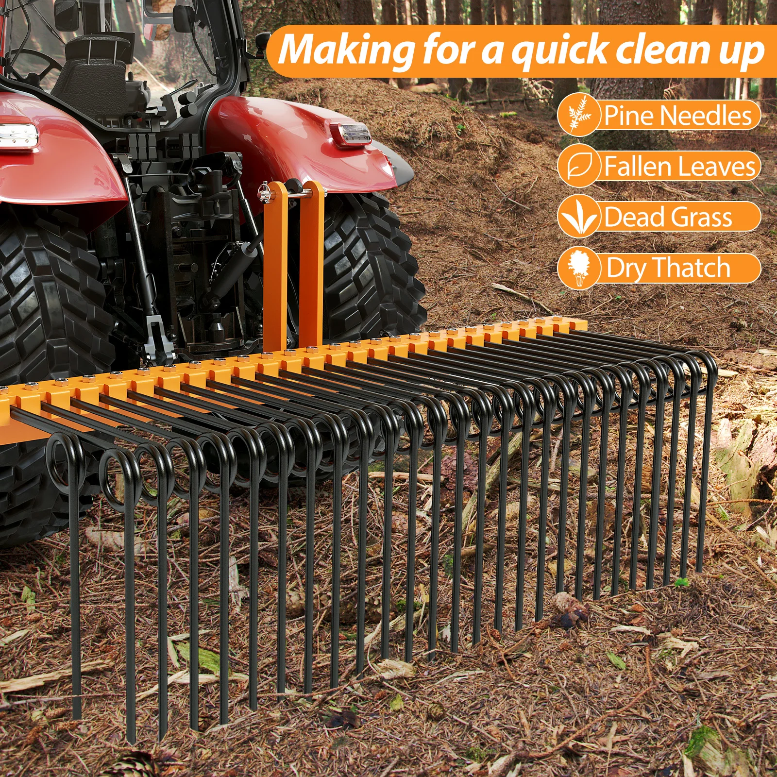 Durable Powder Coated Steel Pine Straw Rake Steel Spring Landscape Rake Attaches to Cat 0 Cat 1,3 Point Hitch for Tractor