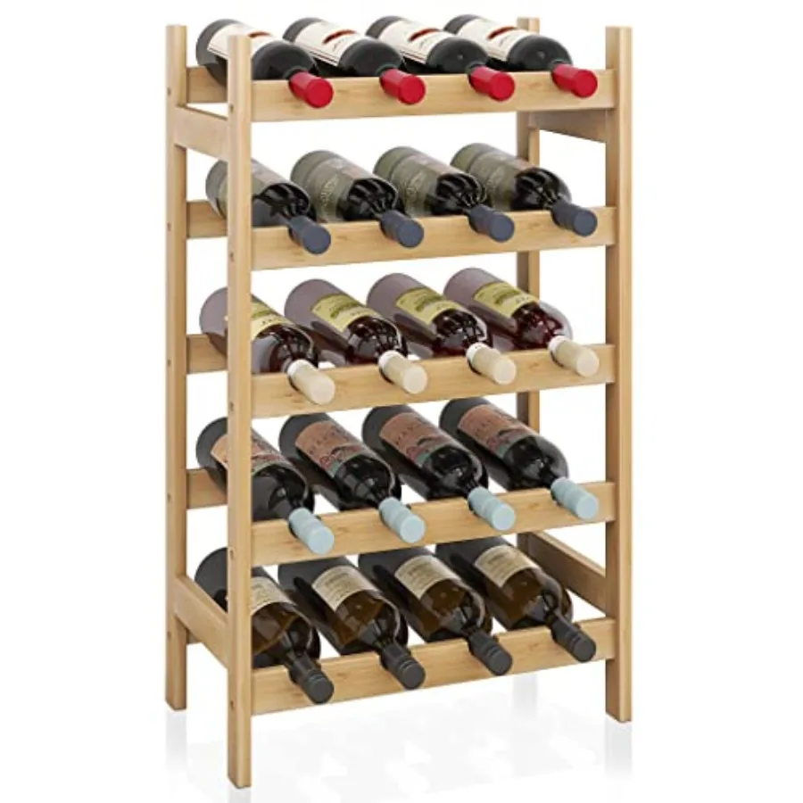 

Bamboo Wine Rack, 20 Bottles Display Holder, 5-Tier Free Standing Storage Shees for Kitchen, Pantry, Cellar, Bar