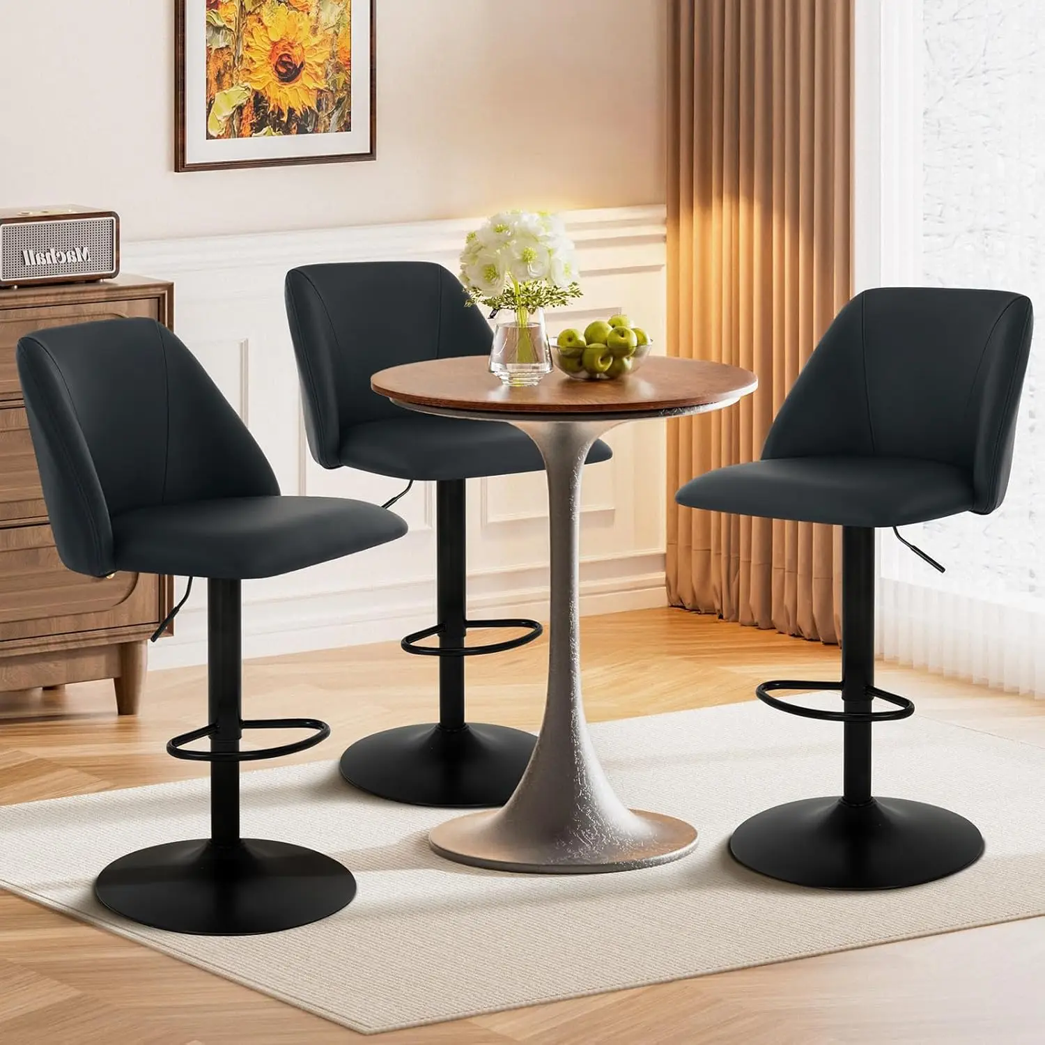 

Adjustable Bar Stools, Modern PU Leather Bar Chairs with Curved Mid-Back, 360° Swivel Counter Height Stools with Footrest &