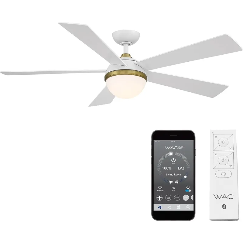 Eclipse Indoor and Outdoor 5-Blade Smart Home Ceiling Fan 54in Satin Brass Matte White with 3000K LED Light Kit