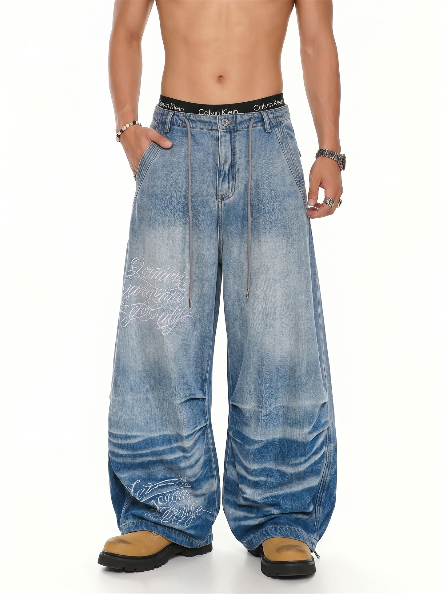 Retro Washed American High Street Wide Leg Knife  Jeans Men's Embroidered Letter Water Wave Pattern Casual Straight Cut