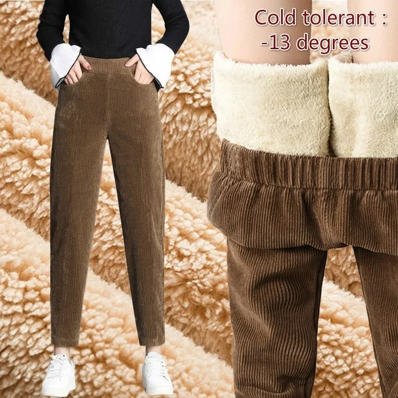 

Women Casual Plush Trousers Winter Warm Long Pants Elastic Middle-waisted New Autumn Corduroy Pants