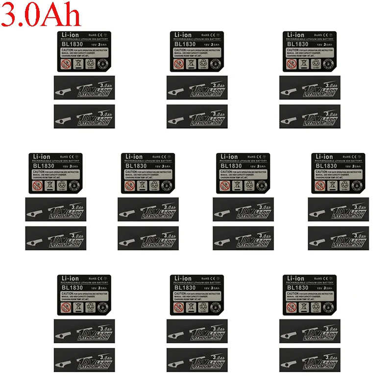 10 conjuntos de etiqueta bl1830 bateria de íon-lítio 18v etiqueta adesiva para makita 18v 3ah 4ah 5ah 6ah 9ah bl1860 bateria logotipo chave de martelo broca