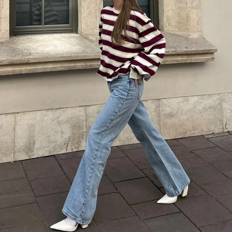 

American Early Autumn Lazy Wind Round Neck Striped Pullover Sweater Loose Long-sleeved Women's Coat
