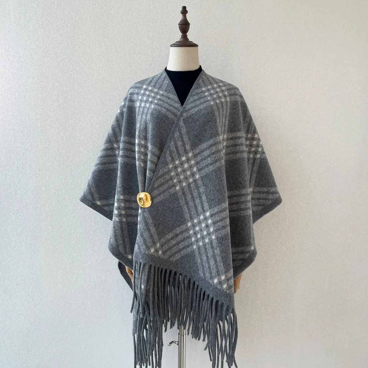 Vintage Print Fringed Cape Shawl Women Autumn Winter Thick Imitation Cashmere Open Front Oversized Outerwear Wrap Travel Wear