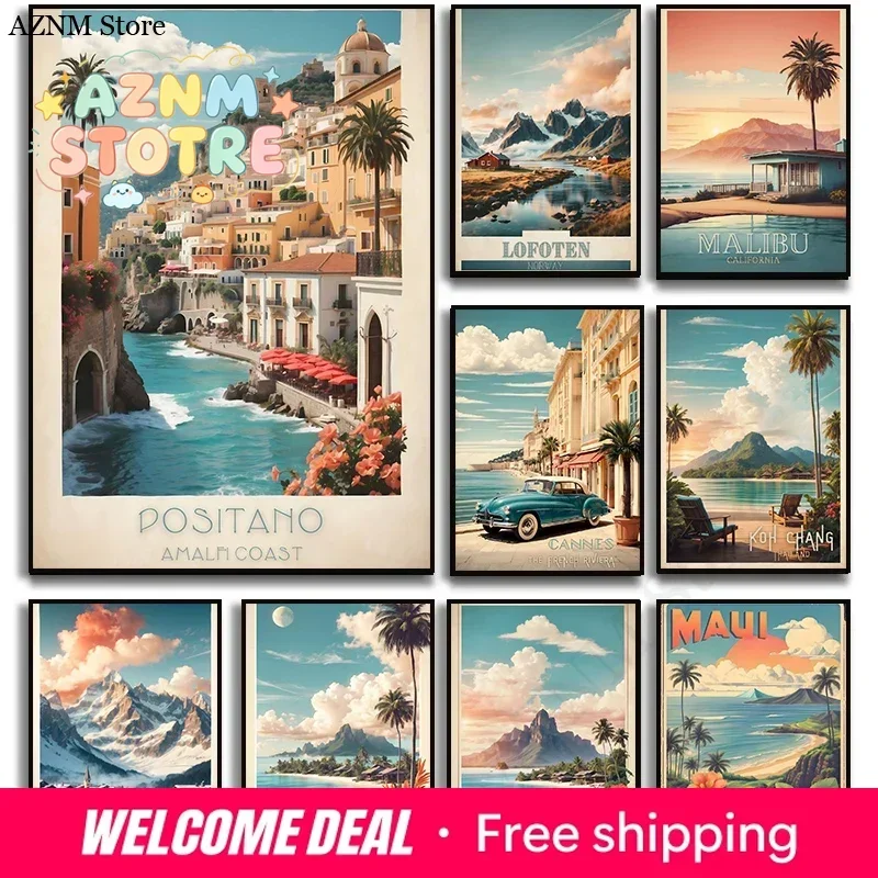 Worldwide Vintage Travel Series Poster Print Canvas Painting Art Pictures Home for Living Room Wall Decor Frameless Painting