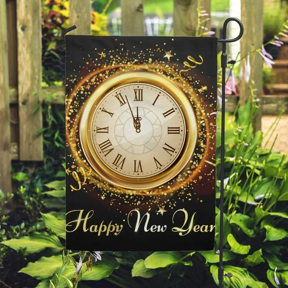 

Garden Flag Christmas New Year Winter Gold Clock House Flags Home Yard Banner for Outside Flower Pot Double Side Print Banner fo