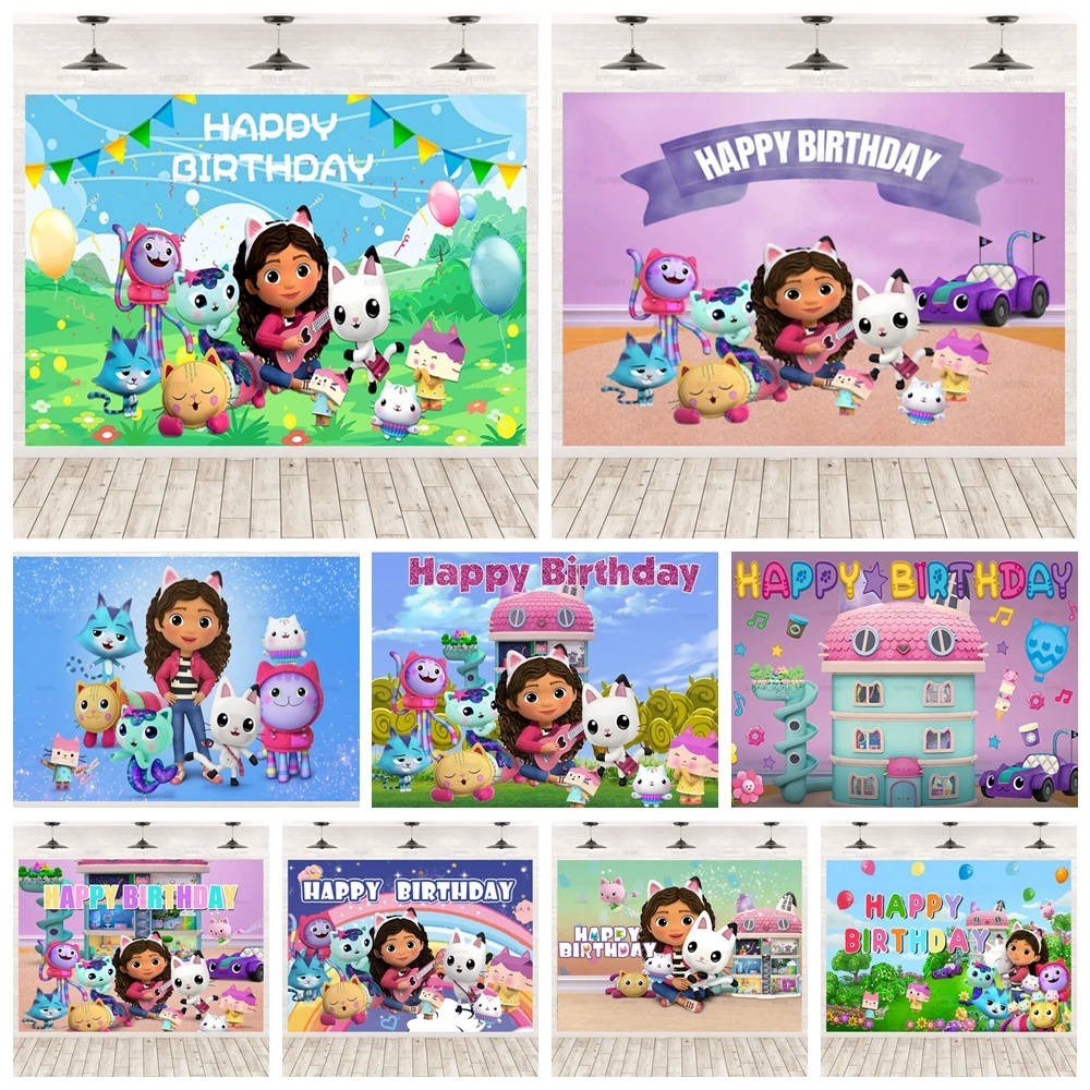 

Gabbys Dollhouse Backdrop Kids Birthday Party Decoration Baby Shower Photography Background with Balloon Arch Rainbow Props
