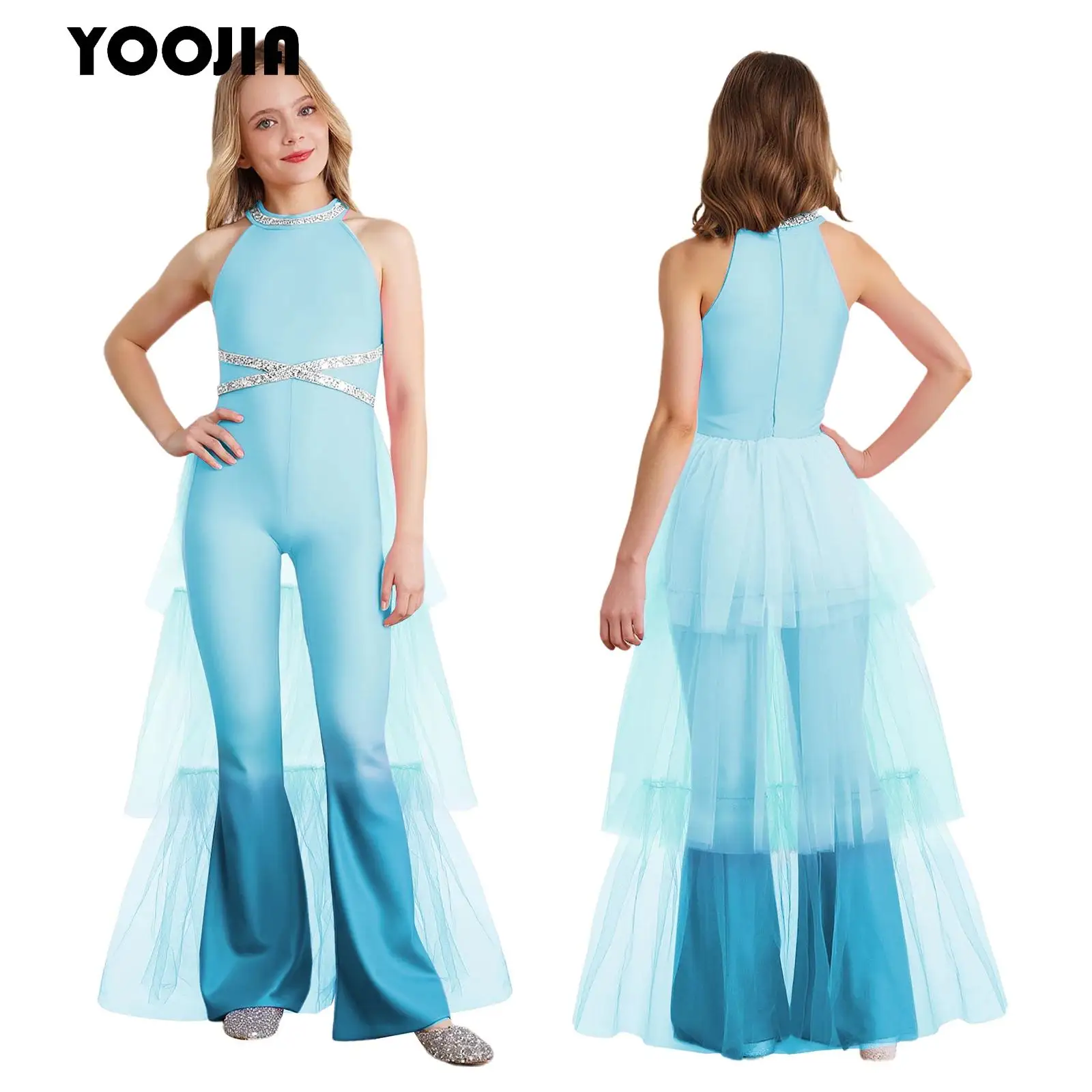 

Kids Girls Stylish Ruffled Tulle Jumpsuit Hallowen Fancy Movie Star Dress Up Bell-bottoms Pants Party Rompers One Piece Outfits