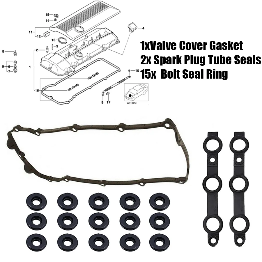 Wooeight 11120030496 Engine Valve Cover Gasket Kit Set For BMW X3 X5 Z4 E36 E38 E39 E46 E53 E60 E83 330i 330xi 525i 530i 730Li