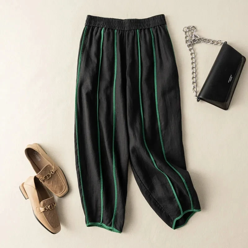 Bright Line Decoration Elastic High Waist Bloomers Loose Wide Leg Women\'s Pants Korean Fashion Ankle-Length Pants For Women 2024
