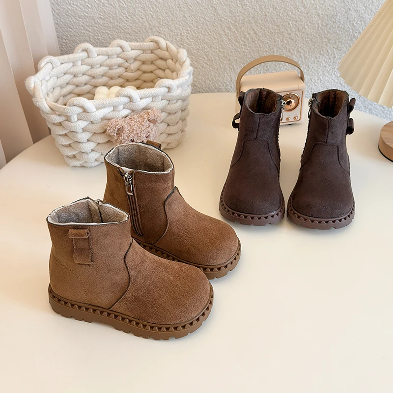 Retro Winter Girls Plush Boots School Non-slip Children's Catwalk Leather Boots Round-toe Breathable Kids Fashion Cotton Boots