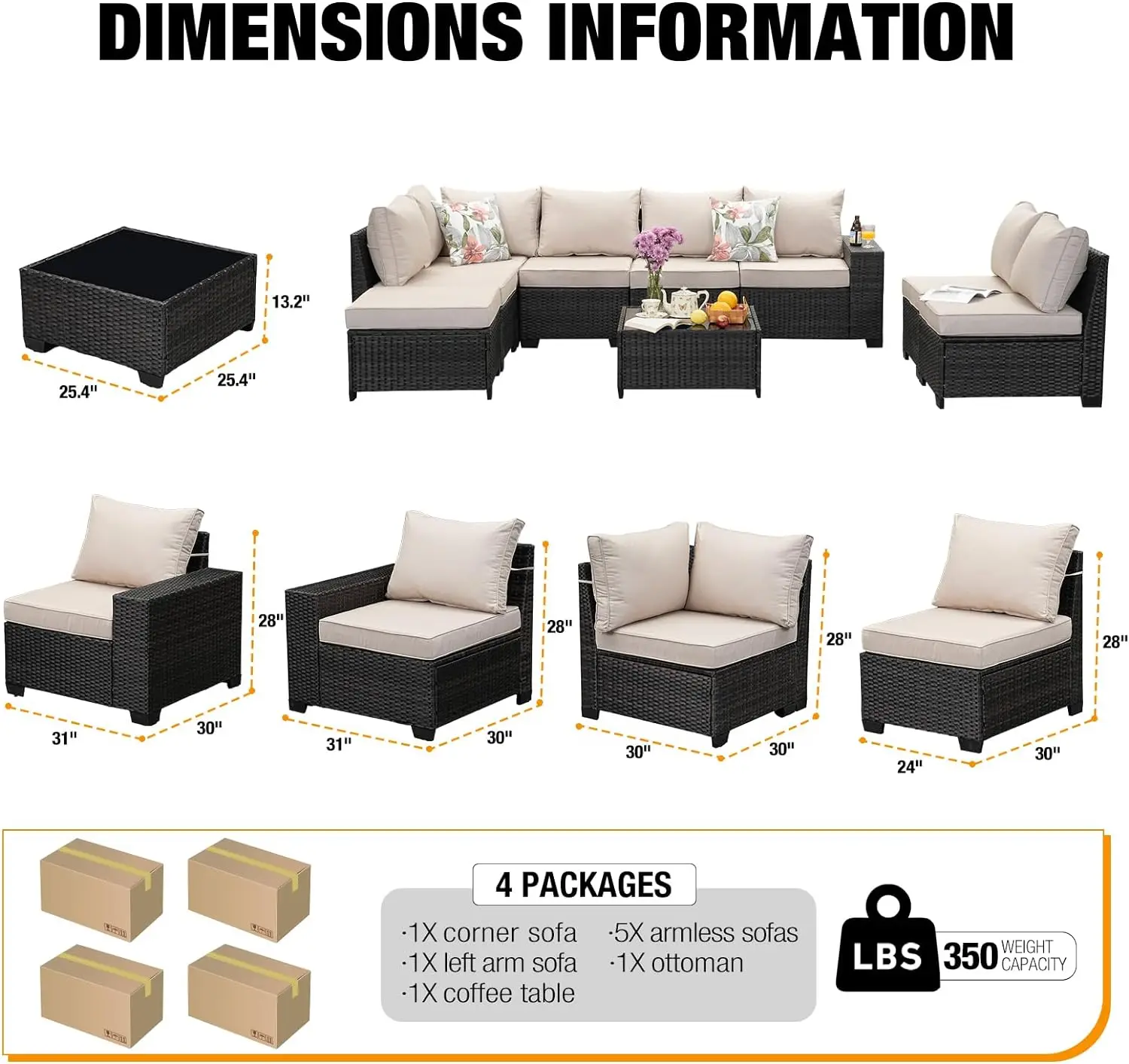 9Pcs Patio Set All-Weather Wicker Sectional Conversation Sofa Rattan Patio Seating Sofa with Cushion and Glass Table and Ottoman