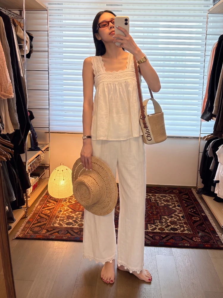 レーストリムノースリーブベストナイトガウン女性のホームウェア夏の新しい長ズボンマッチングセットシームレススプライシングデザイン快適