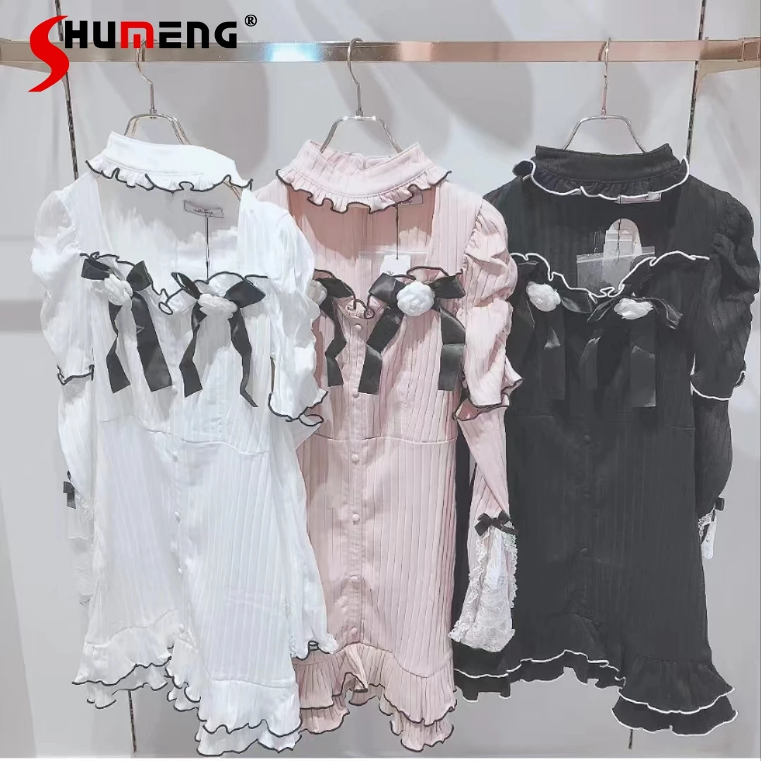 Japan Style Sweet Lolita Knitted Dress Women's Slim Fit Elegant Bow Lace Pink Knitwear Long-sleeved Dress Autumn and Winter