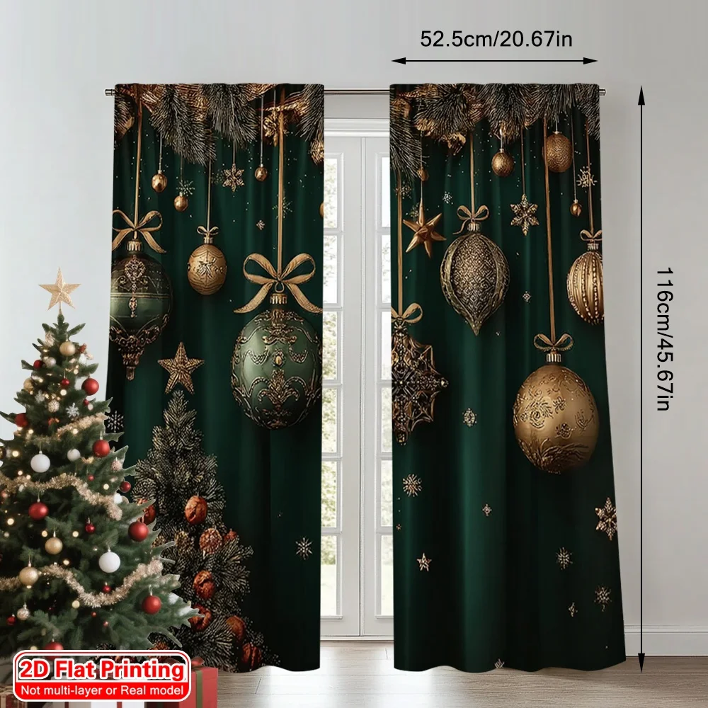 2pcs 2D flat printing Fashionable Christmas Curtains Christmas Winter Christmas Tree Bells Luxury Gold Green Digital Printed