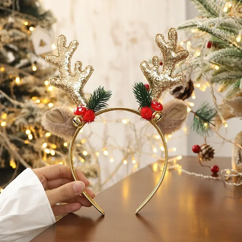 Diadema navideña con forma de campana y cuerno de alce rojo dorado, regalos de Feliz Navidad para niños, decoración de fiesta de Feliz Año Nuevo, tocados con lentejuelas