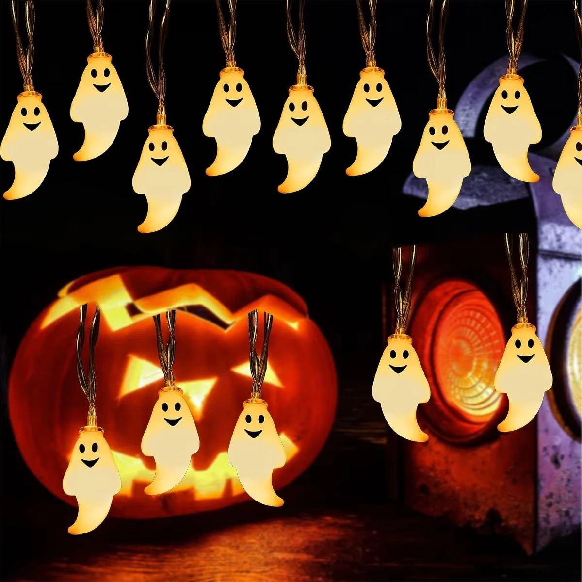 سلسلة أضواء شبح الهالوين تعمل بالبطارية أضواء ديكور متوهجة يمكنك صنعها بنفسك دعائم رعب معلقة لحفلة مدفأة الشرفة والباب الأمامي