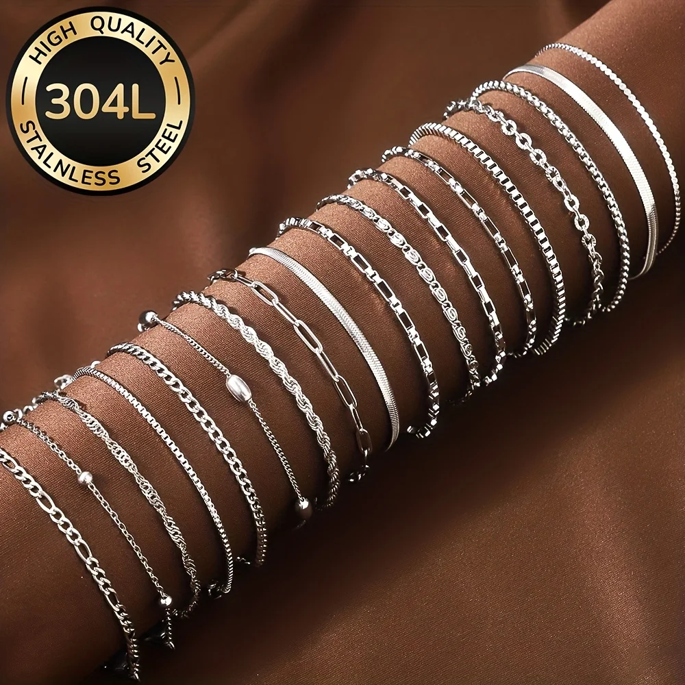 15Pcs【Random】Women's Fashionable Stainless Steel Bracelets, Elegant and Luxurious Non-Fading Women's Jewelry Set, Suitable for Daily Wear and Parties Birthday Gift